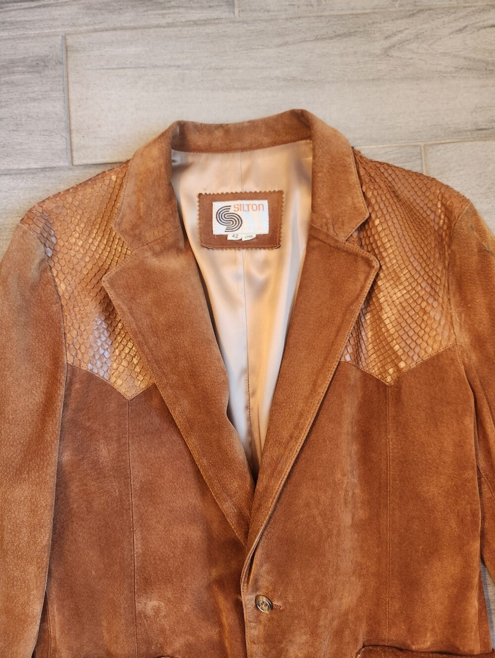 Vintage 70s Silton Blazer Men's 42Long Cognac Brown Suede Snake Embossed Western - Picture 6 of 16